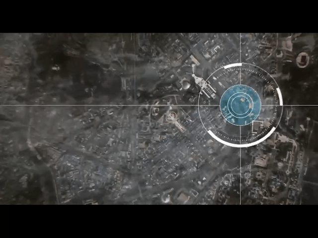 A birds eye view of a city with a target view point