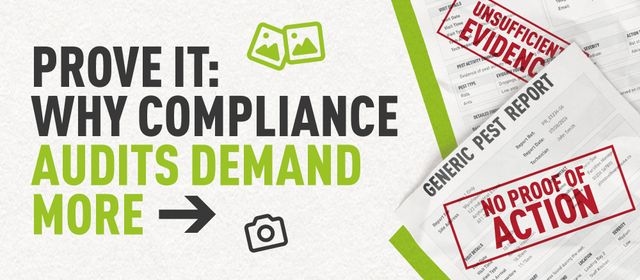 A mockup of generic pest reports with negative labels stamped on them and text which reads "Prove It: Why Compliance Audits Demand More"