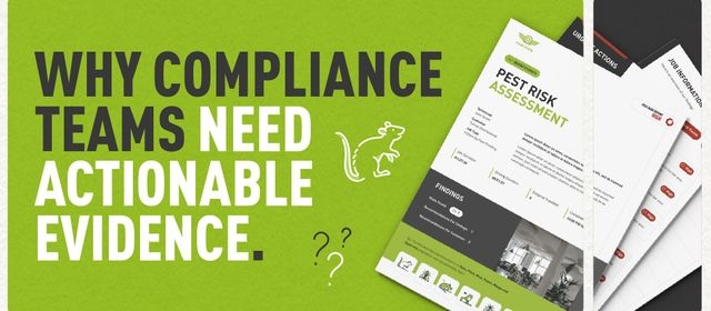Decorative graphic of a pest report mockup and text which says "Why Compliance Teams Need Actionable Evidence"