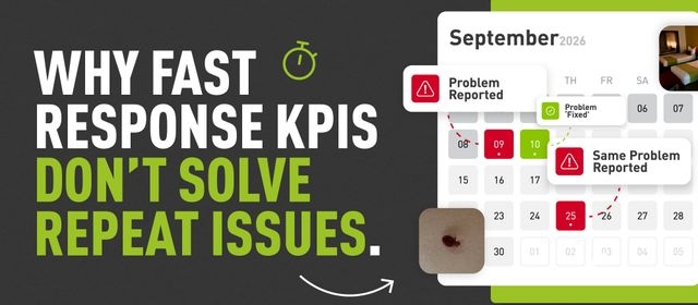 Decorative graphic of a september 2026 calendar which has dates marked with 'reports' & fixes - and text on the left which reads "why fast response KPIs don't solve repeat issues"