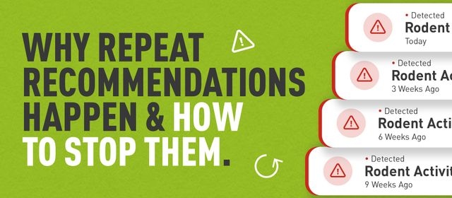 Graphic with the text “Why repeat recommendations happen & how to stop them.” alongside a series of recurring rodent activity alerts, illustrating repeated issues detected over several weeks.